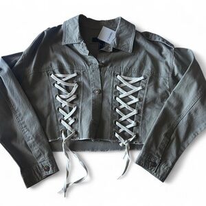 Gray Lace-Up Cropped Jacket